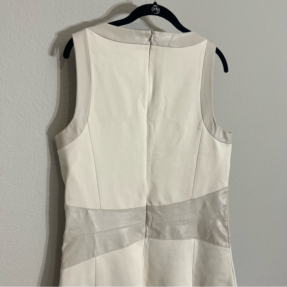 NWT Karen Millen Ponte Faux leather A line flippy mini dress 12 Tall beige - Picture 11 of 13